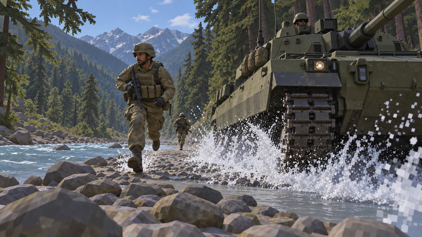 Rendered training environment with a river, trainee and tracked vehicle