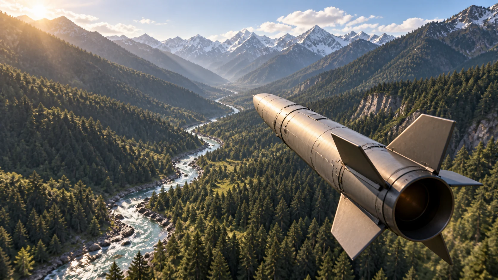 A conceptual simulation viewed from behind one missile above a valley
