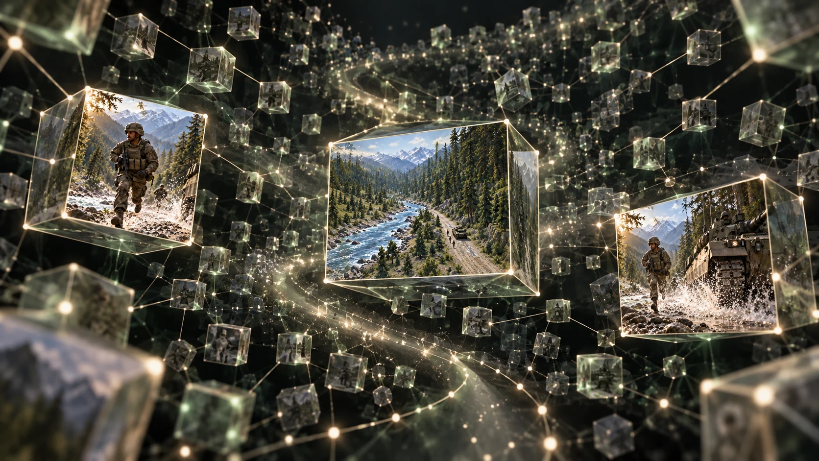 A spatial cloud of connected cubes containing archived images